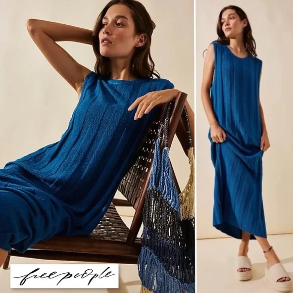 Free People Beach Theo Sweater Midi Dress Out Of The Blue S Ribbed Textured Boho - Picture 2 of 14